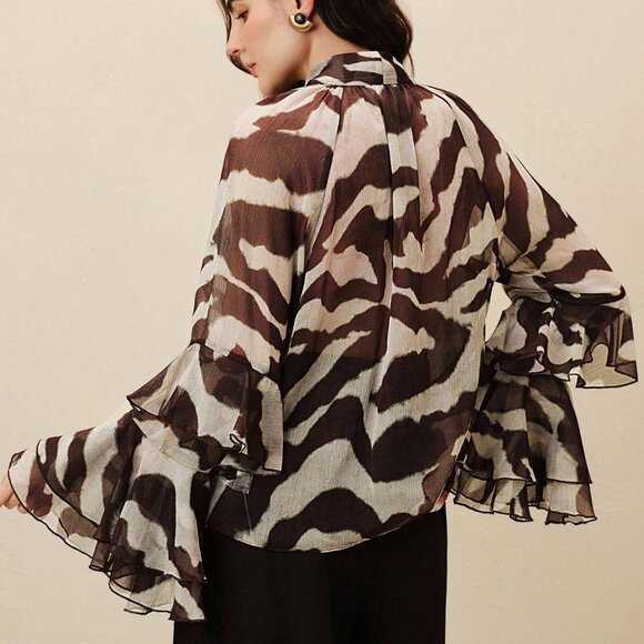 Women's Elegant Raglan Flare Sleeve Round Neck Semi-Sheer zebra print blouse - Picture 2 of 8